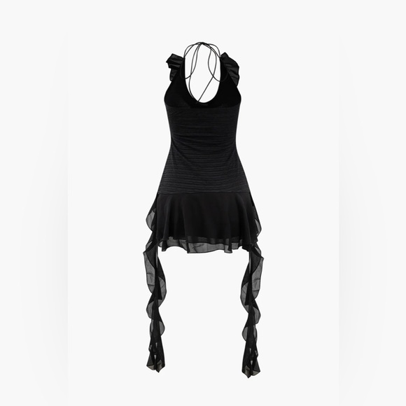 Black Halter Neck Ruffle Mini Dress - Picture 2 of 7